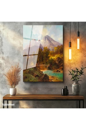 Tamperli Gerçek Cam Tablo Andreas Achenbach Dağlık Manzara Köprülü Dere Ressam Tablosu Dekoru