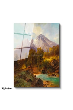 Tamperli Gerçek Cam Tablo Andreas Achenbach Dağlık Manzara Köprülü Dere Ressam Tablosu Dekoru