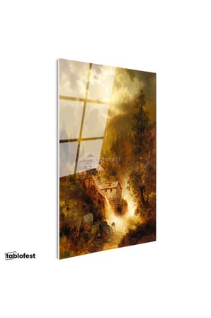 Tamperli Gerçek Cam Tablo M. M. K. Kır Evi Şelale Dere Işık Gece Ressam Tablosu Duvar Dekoru