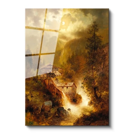 Tamperli Gerçek Cam Tablo M. M. K. Kır Evi Şelale Dere Işık Gece Ressam Tablosu Duvar Dekoru