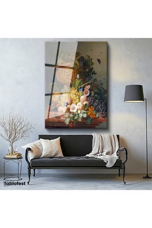 Tamperli Gerçek Cam Tablo J.L.R. Meyve ve Çiçekler Vazoda Böcekli Natürmort Ressam Tablosu Dekoru