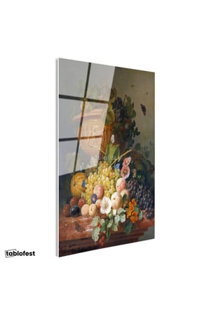 Tamperli Gerçek Cam Tablo J.L.R. Meyve ve Çiçekler Vazoda Böcekli Natürmort Ressam Tablosu Dekoru