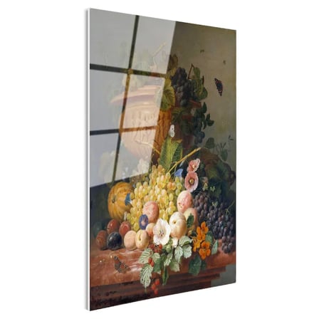 Tamperli Gerçek Cam Tablo J.L.R. Meyve ve Çiçekler Vazoda Böcekli Natürmort Ressam Tablosu Dekoru