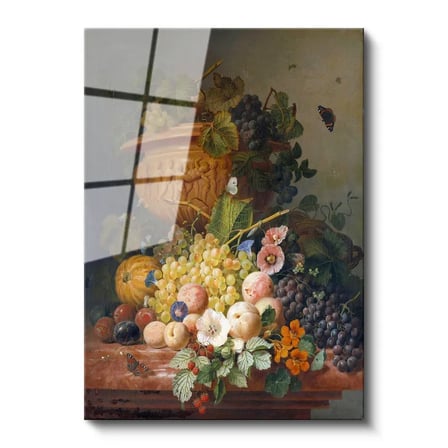 Tamperli Gerçek Cam Tablo J.L.R. Meyve ve Çiçekler Vazoda Böcekli Natürmort Ressam Tablosu Dekoru