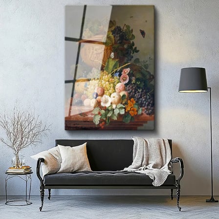Tamperli Gerçek Cam Tablo J.L.R. Meyve ve Çiçekler Vazoda Böcekli Natürmort Ressam Tablosu Dekoru