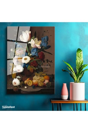 Tamperli Gerçek Cam Tablo Severin Roesen Lale ve Meyve Tabağı Beyaz Gül Ressam Tablosu Duvar Dekoru