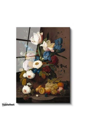 Tamperli Gerçek Cam Tablo Severin Roesen Lale ve Meyve Tabağı Beyaz Gül Ressam Tablosu Duvar Dekoru