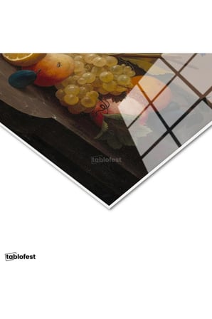 Tamperli Gerçek Cam Tablo Severin Roesen Lale ve Meyve Tabağı Beyaz Gül Ressam Tablosu Duvar Dekoru