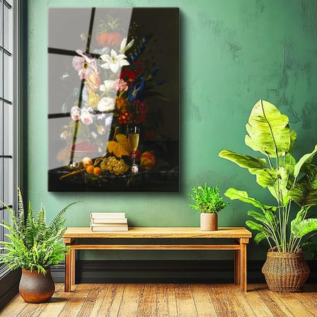 Tamperli Gerçek Cam Tablo Severin Roesen Şampanya Kadehi Kuş Yumurtası Çiçek Ressam Tablosu Dekoru