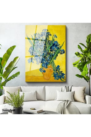 Tamperli Gerçek Cam Tablo Vincent van Gogh Mavi İrisler Sarı Fonlu Vazo Ressam Tablosu Dekoru