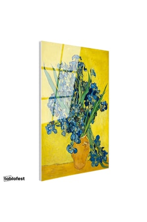 Tamperli Gerçek Cam Tablo Vincent van Gogh Mavi İrisler Sarı Fonlu Vazo Ressam Tablosu Dekoru