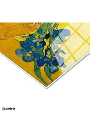 Tamperli Gerçek Cam Tablo Vincent van Gogh Mavi İrisler Sarı Fonlu Vazo Ressam Tablosu Dekoru