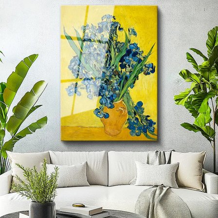 Tamperli Gerçek Cam Tablo Vincent van Gogh Mavi İrisler Sarı Fonlu Vazo Ressam Tablosu Dekoru