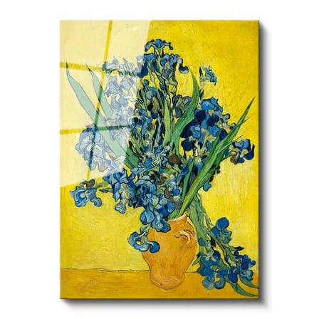 Tamperli Gerçek Cam Tablo Vincent van Gogh Mavi İrisler Sarı Fonlu Vazo Ressam Tablosu Dekoru