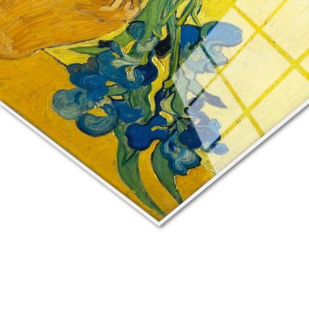 Tamperli Gerçek Cam Tablo Vincent van Gogh Mavi İrisler Sarı Fonlu Vazo Ressam Tablosu Dekoru