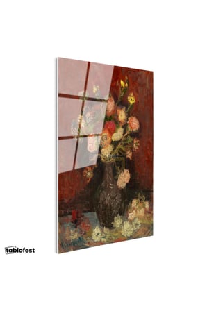 Tamperli Gerçek Cam Tablo Vincent van Gogh Vazoda Pembe Kırmızı Çiçek Ressam Tablosu Duvar Dekoru