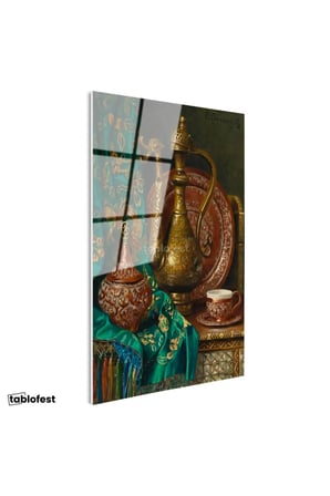 Tamperli Gerçek Cam Tablo Bakır İbrik Ve Kase Oryantalist Ressam Tablosu Duvar Dekoru