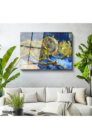 Tamperli Gerçek Cam Tablo Vincent van Gogh Kurumuş Ayçiçekleri Mavi Zemin Ressam Tablosu Dekoru