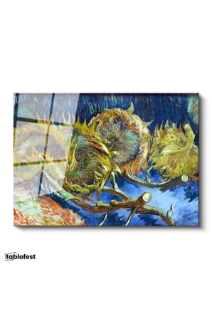 Tamperli Gerçek Cam Tablo Vincent van Gogh Kurumuş Ayçiçekleri Mavi Zemin Ressam Tablosu Dekoru