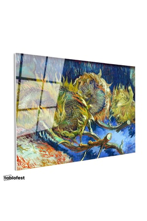 Tamperli Gerçek Cam Tablo Vincent van Gogh Kurumuş Ayçiçekleri Mavi Zemin Ressam Tablosu Dekoru