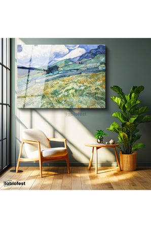 Tamperli Gerçek Cam Tablo Vincent van Gogh Tepe ve Alan Manzarası Ressam Tablosu Duvar Dekoru