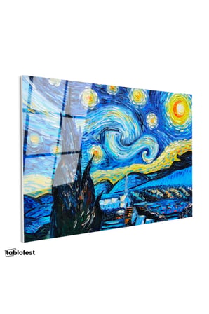 Tamperli Gerçek Cam Tablo Vincent van Gogh Yıldızlı Gece Manzarası Ressam Tablosu Duvar Dekoru