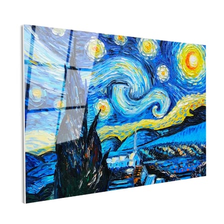 Tamperli Gerçek Cam Tablo Vincent van Gogh Yıldızlı Gece Manzarası Ressam Tablosu Duvar Dekoru