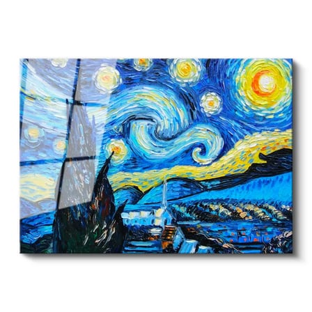 Tamperli Gerçek Cam Tablo Vincent van Gogh Yıldızlı Gece Manzarası Ressam Tablosu Duvar Dekoru