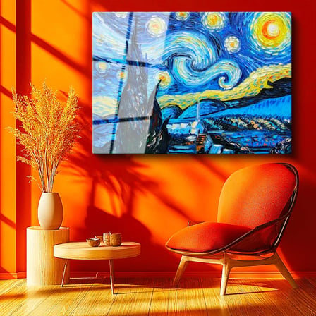 Tamperli Gerçek Cam Tablo Vincent van Gogh Yıldızlı Gece Manzarası Ressam Tablosu Duvar Dekoru