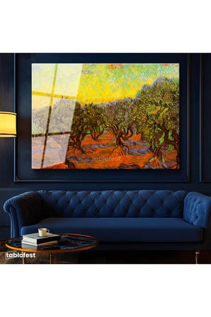 Tamperli Gerçek Cam Tablo Vincent van Gogh Zeytin Ağaçları Tarlası Ressam Tablosu Dekoru