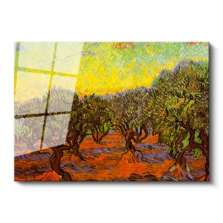 Tamperli Gerçek Cam Tablo Vincent van Gogh Zeytin Ağaçları Tarlası Ressam Tablosu Dekoru