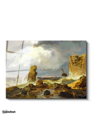 Tamperli Gerçek Cam Tablo C.D. Friedrich Batık Gemi Fırtınalı Deniz Kayalık Ressam Tablosu Dekoru