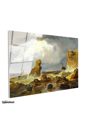 Tamperli Gerçek Cam Tablo C.D. Friedrich Batık Gemi Fırtınalı Deniz Kayalık Ressam Tablosu Dekoru