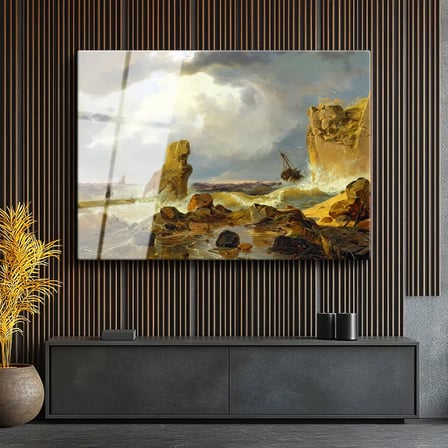 Tamperli Gerçek Cam Tablo C.D. Friedrich Batık Gemi Fırtınalı Deniz Kayalık Ressam Tablosu Dekoru