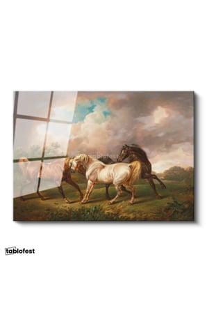 Tamperli Gerçek Cam Tablo George Stubbs Atlar Fırtınalı Bulut Manzarası Ressam Tablosu Duvar Dekoru