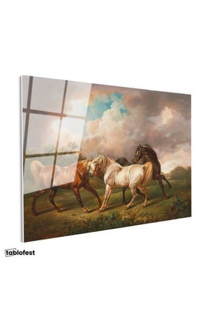 Tamperli Gerçek Cam Tablo George Stubbs Atlar Fırtınalı Bulut Manzarası Ressam Tablosu Duvar Dekoru