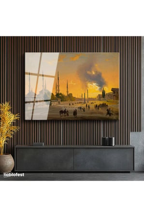 Tamperli Gerçek Cam Tablo Ippolito Caffi Sultanahmet Meydanı Obelisk Minare Ressam Tablosu Dekoru