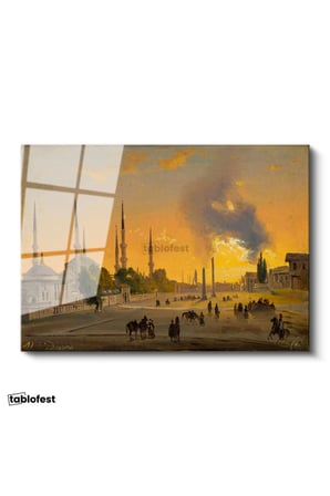 Tamperli Gerçek Cam Tablo Ippolito Caffi Sultanahmet Meydanı Obelisk Minare Ressam Tablosu Dekoru
