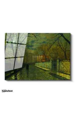 Tamperli Gerçek Cam Tablo J.A. Grimshaw Yağmurlu Yol Gece Mehtaplı Figürler Ressam Tablosu Dekoru