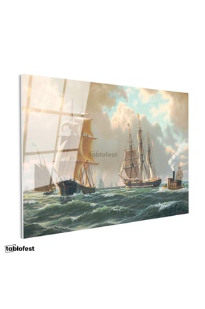 Tamperli Gerçek Cam Tablo John Stobart Denizde Yelkenliler Buharlı Ressam Tablosu Duvar Dekoru