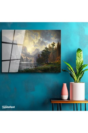 Tamperli Gerçek Cam Tablo Albert Bierstadt Yosemite Vadisi Şelale ve Göl Işık Ressam Tablosu Dekoru