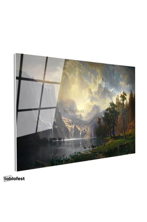 Tamperli Gerçek Cam Tablo Albert Bierstadt Yosemite Vadisi Şelale ve Göl Işık Ressam Tablosu Dekoru