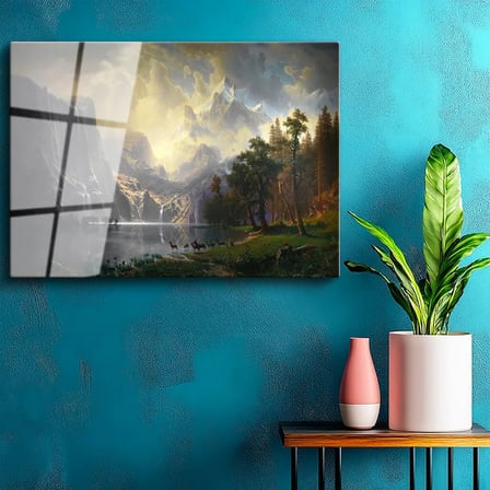 Tamperli Gerçek Cam Tablo Albert Bierstadt Yosemite Vadisi Şelale ve Göl Işık Ressam Tablosu Dekoru