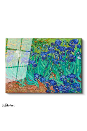 Tamperli Gerçek Cam Tablo Vincent van Gogh İris Çiçekleri Bahçe Mavi Ressam Tablosu Duvar Dekoru