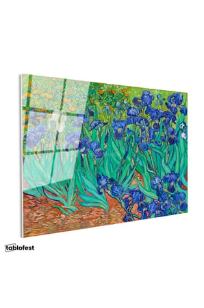 Tamperli Gerçek Cam Tablo Vincent van Gogh İris Çiçekleri Bahçe Mavi Ressam Tablosu Duvar Dekoru