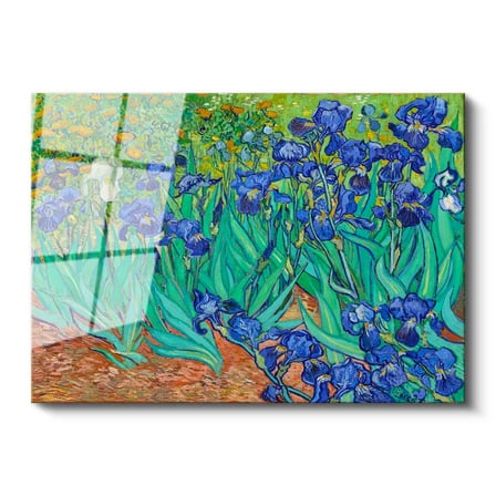 Tamperli Gerçek Cam Tablo Vincent van Gogh İris Çiçekleri Bahçe Mavi Ressam Tablosu Duvar Dekoru