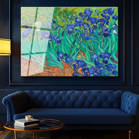 Tamperli Gerçek Cam Tablo Vincent van Gogh İris Çiçekleri Bahçe Mavi Ressam Tablosu Duvar Dekoru