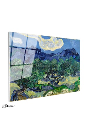 Tamperli Gerçek Cam Tablo Van Gogh Zeytin Ağaçları Mavi Dağlar Bulutlu Ressam Tablosu Duvar Dekoru