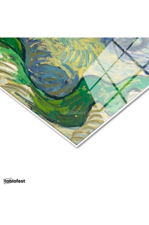 Tamperli Gerçek Cam Tablo Van Gogh Zeytin Ağaçları Mavi Dağlar Bulutlu Ressam Tablosu Duvar Dekoru