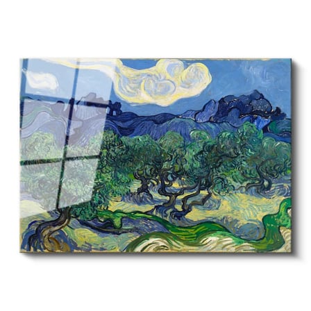 Tamperli Gerçek Cam Tablo Van Gogh Zeytin Ağaçları Mavi Dağlar Bulutlu Ressam Tablosu Duvar Dekoru